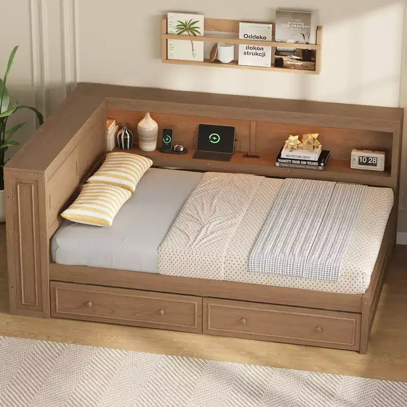 Full Size Corner Daybed with Storage Drawers and Bookcase Headboard