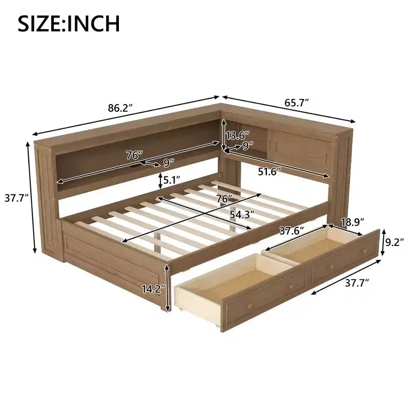 Full Size Corner Daybed with Storage Drawers and Bookcase Headboard