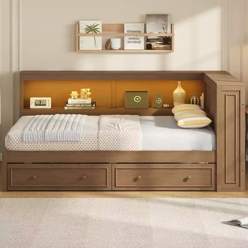Full Size Corner Daybed with Storage Drawers and Bookcase Headboard