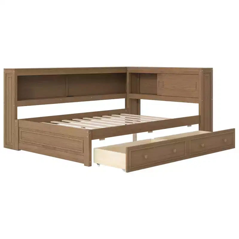 Full Size Corner Daybed with Storage Drawers and Bookcase Headboard