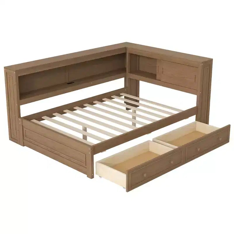 Full Size Corner Daybed with Storage Drawers and Bookcase Headboard