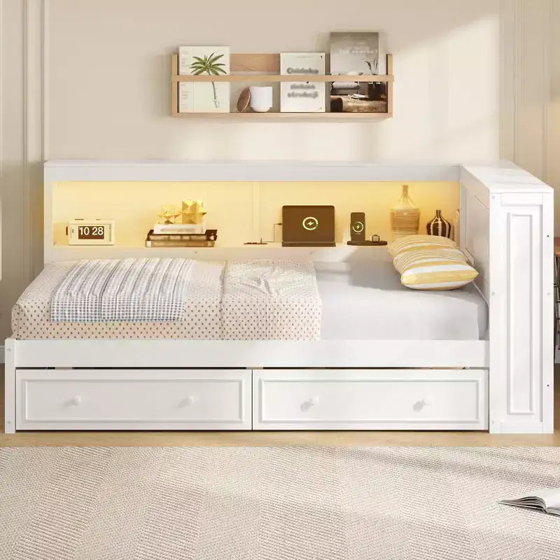 Full Size Corner Daybed with Storage Drawers and Bookcase Headboard