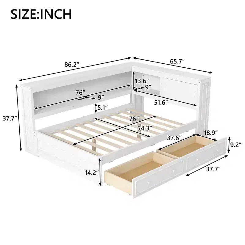 Full Size Corner Daybed with Storage Drawers and Bookcase Headboard