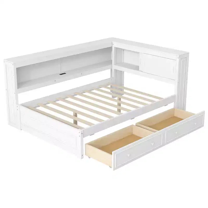 Full Size Corner Daybed with Storage Drawers and Bookcase Headboard