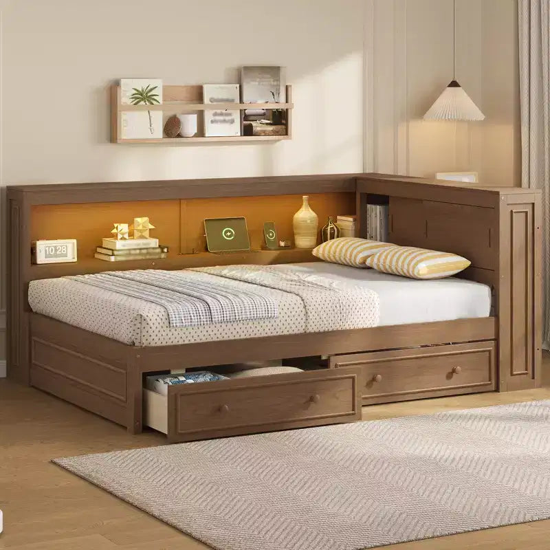 Full Size Corner Daybed with Storage Drawers and Bookcase Headboard