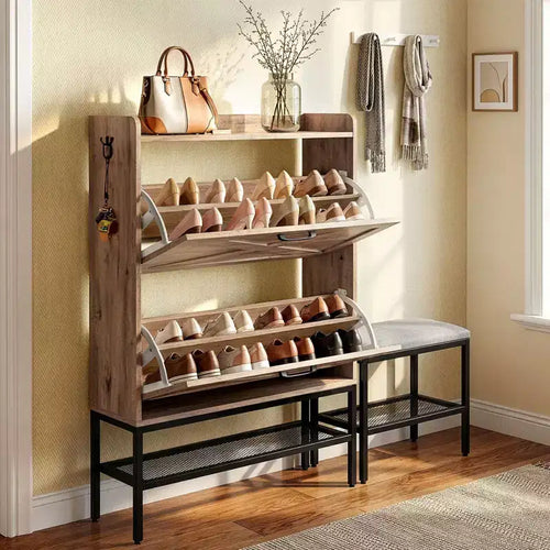 Karl Home 47 W Barn Door Flip Shoe Cabinet with Mesh Metal Legs Padded Bench