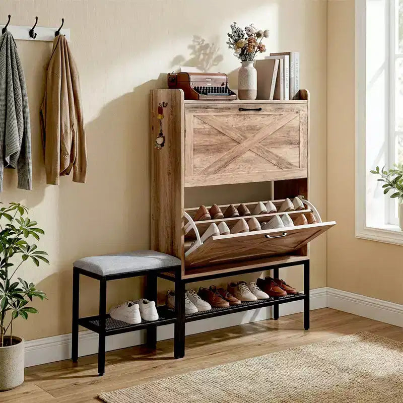 47 W Barn Door Flip Shoe Cabinet with Mesh Metal Legs and Padded Bench