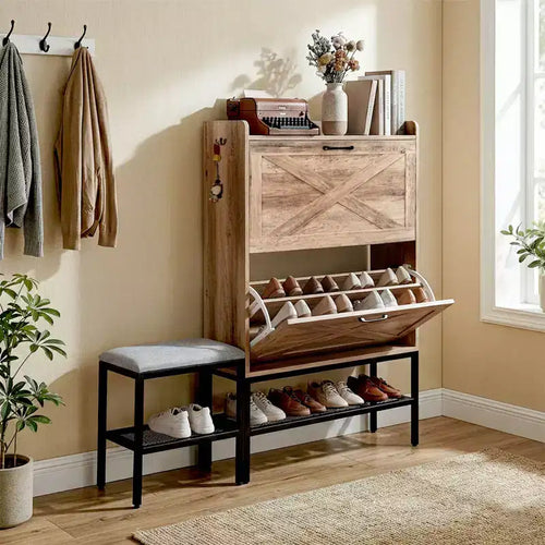47 W Barn Door Flip Shoe Cabinet with Mesh Metal Legs and Padded Bench