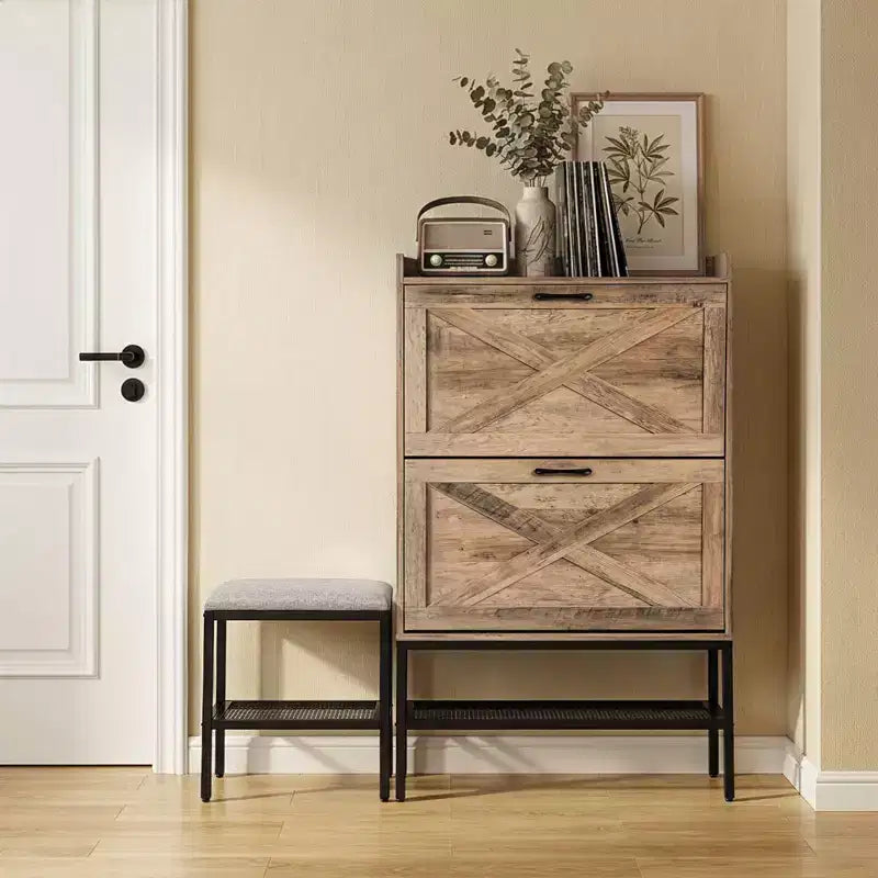 47 W Barn Door Flip Shoe Cabinet with Mesh Metal Legs and Padded Bench
