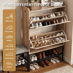 47 W Barn Door Flip Shoe Cabinet with Mesh Metal Legs and Padded Bench