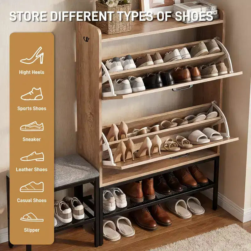 47 W Barn Door Flip Shoe Cabinet with Mesh Metal Legs and Padded Bench