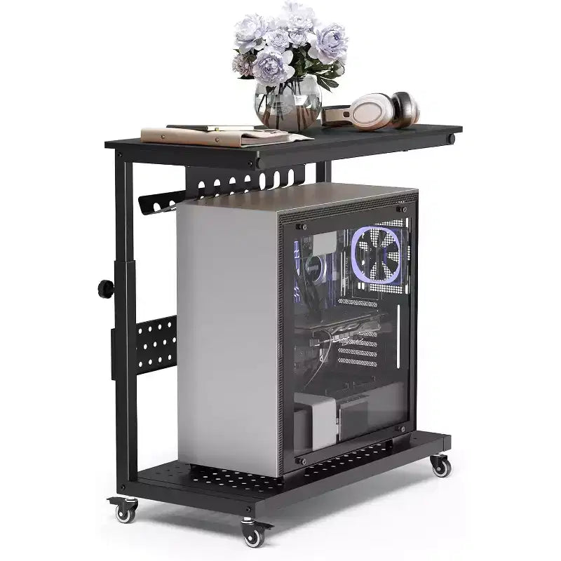 2-Tier Computer Tower Stand with Wheels and Cable Management