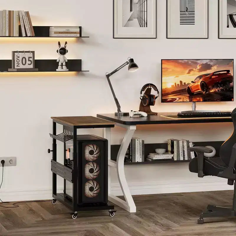 2-Tier Computer Tower Stand with Wheels and Cable Management