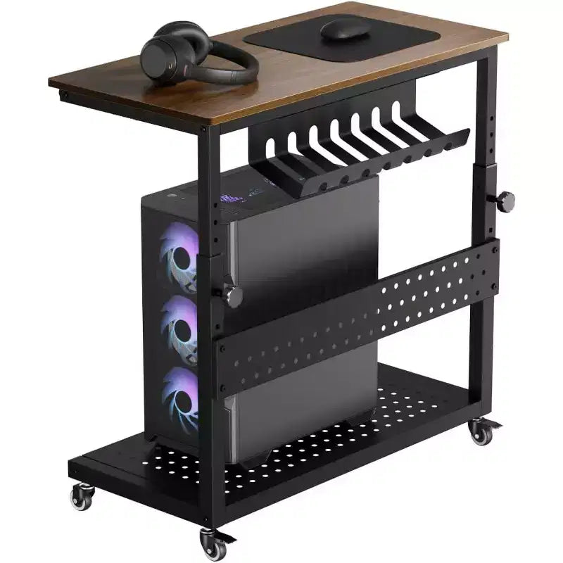 2-Tier Computer Tower Stand with Wheels and Cable Management
