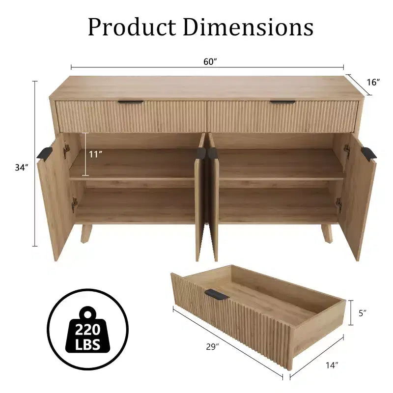 60-Inch Fluted Buffet Cabinet with 2 Drawers and 4 Doors
