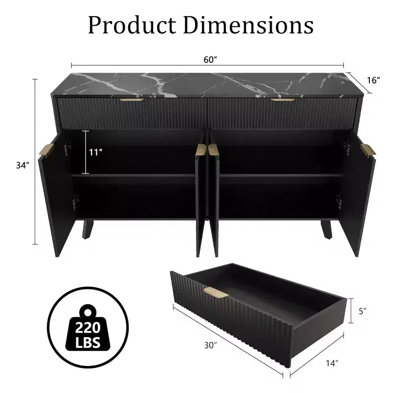 60-Inch Fluted Buffet Cabinet with 2 Drawers and 4 Doors