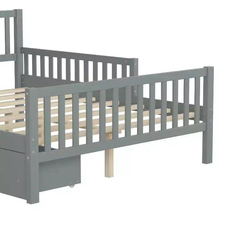 Full Size Wood Platform Bed with Guardrails and 2 Storage Drawers - Gray