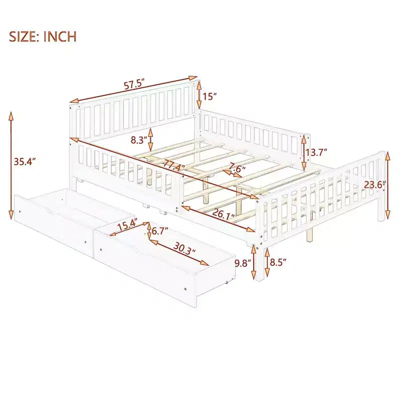 Full Size Wood Platform Bed with Guardrails and 2 Storage Drawers - Gray
