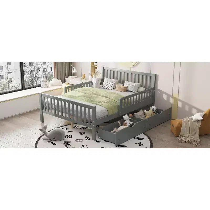 Full Size Wood Platform Bed with Guardrails and 2 Storage Drawers - Gray