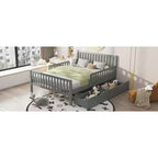Full Size Wood Platform Bed with Guardrails and 2 Storage Drawers - Gray