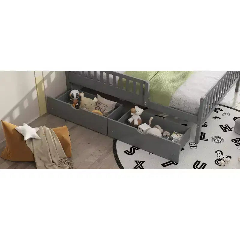 Full Size Wood Platform Bed with Guardrails and 2 Storage Drawers - Gray