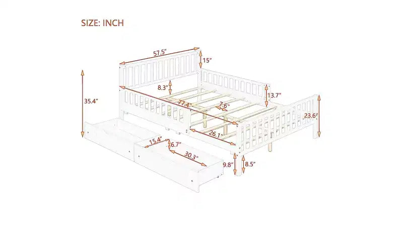 Full Size Wood Platform Bed with Guardrails and 2 Storage Drawers - Gray