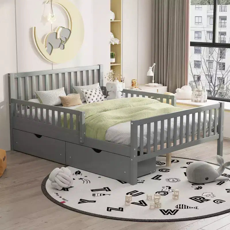 Full Size Wood Platform Bed with Guardrails and 2 Storage Drawers - Gray