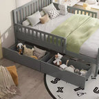 Full Size Wood Platform Bed with Guardrails and 2 Storage Drawers - Gray