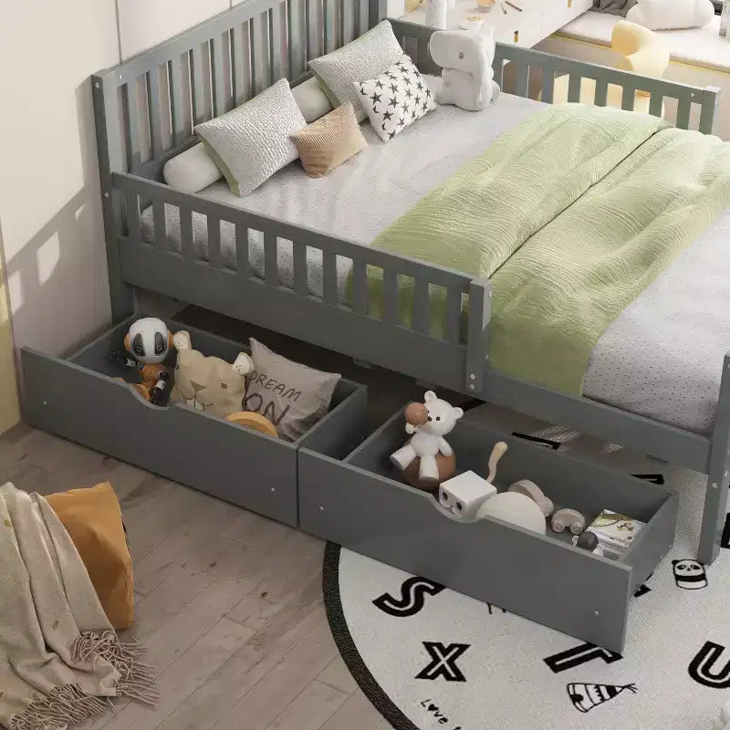 Full Size Wood Platform Bed with Guardrails and 2 Storage Drawers - Gray
