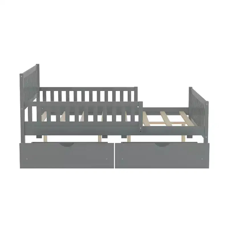 Full Size Wood Platform Bed with Guardrails and 2 Storage Drawers - Gray