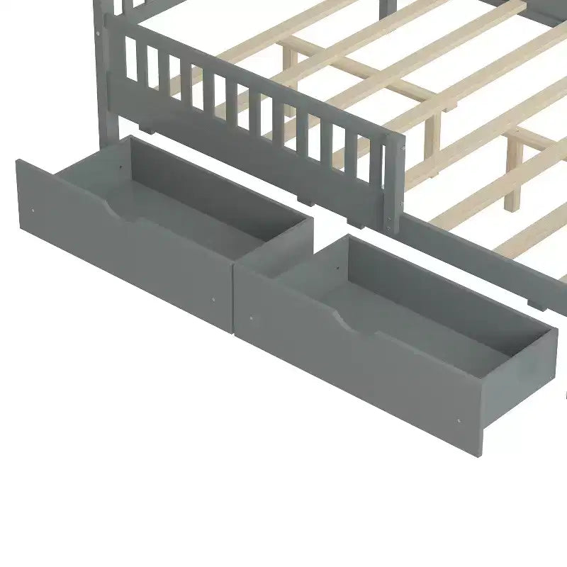 Full Size Wood Platform Bed with Guardrails and 2 Storage Drawers - Gray