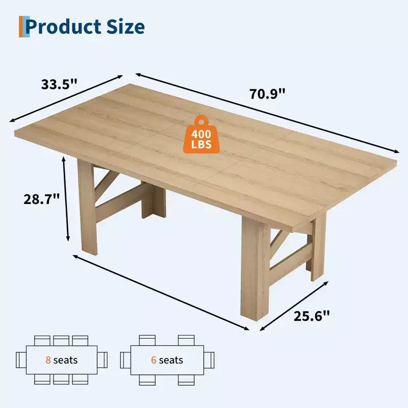 71-Inch Rectangular Dining Table for 6 to 8 People with Wood Top and Metal Base