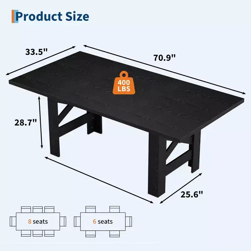 71-Inch Rectangular Dining Table for 6 to 8 People with Wood Top and Metal Base