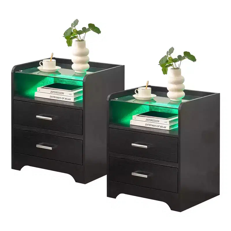 LED Nightstand with Glass Top and Storage
