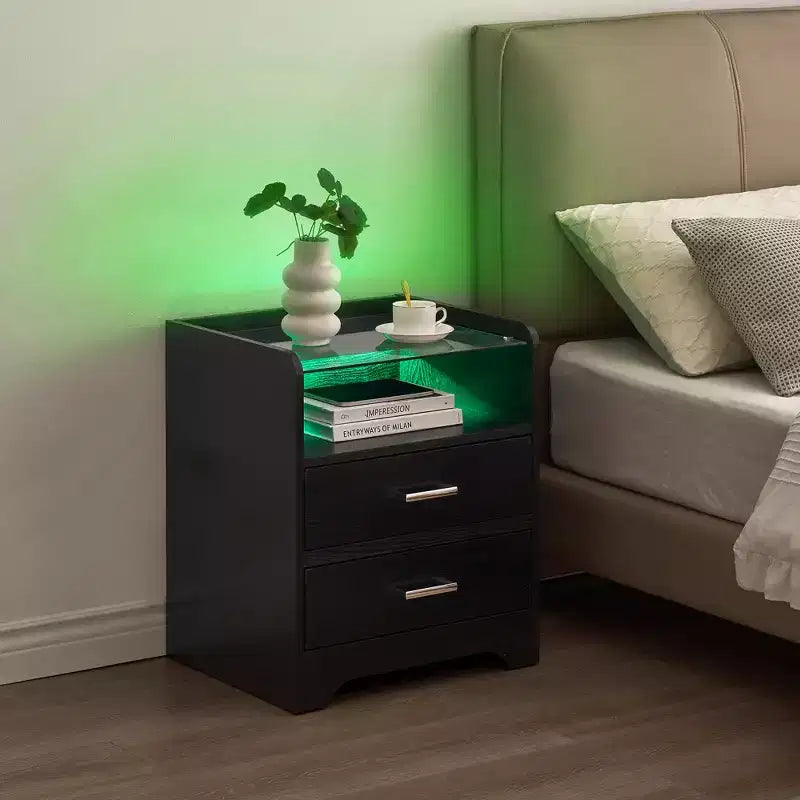 LED Nightstand with Glass Top and Storage