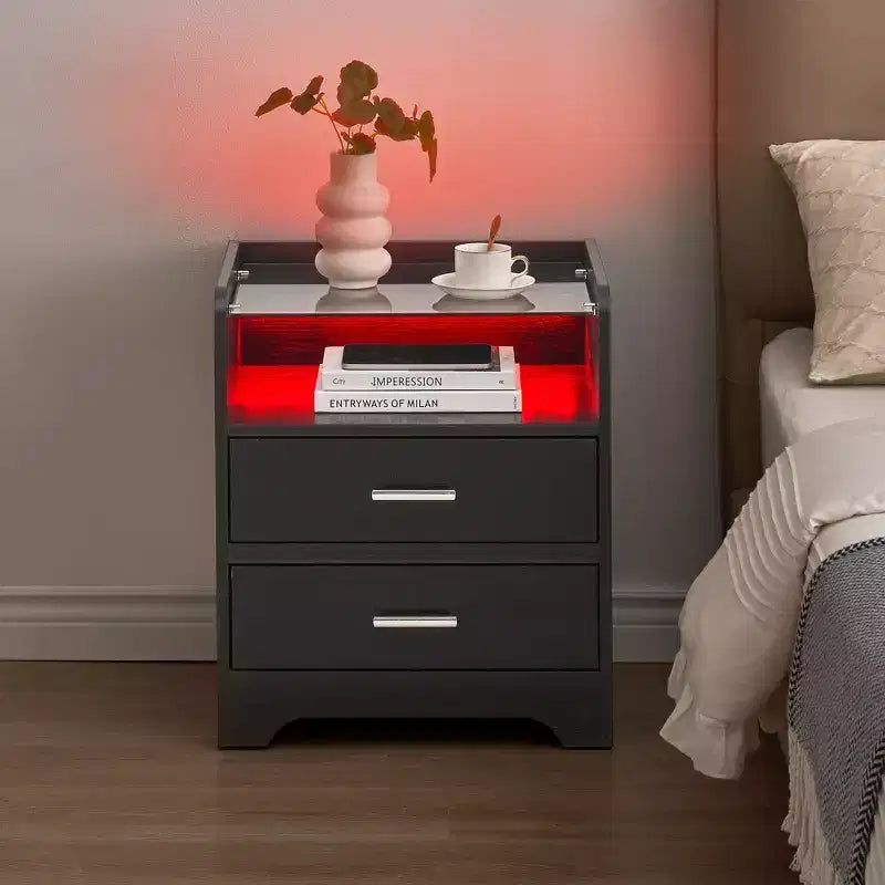 LED Nightstand with Glass Top and Storage