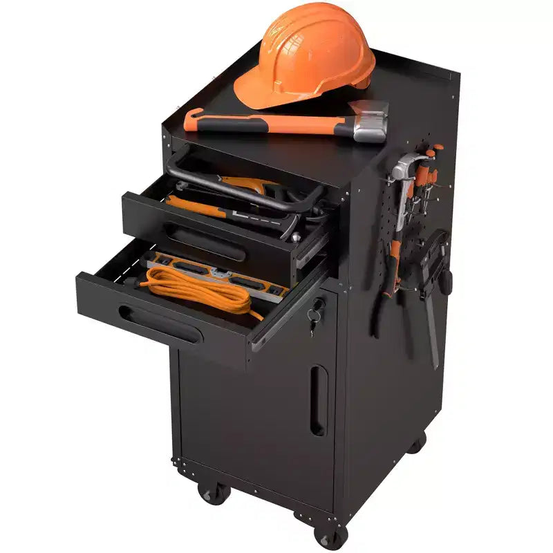 Narrow Rolling Tool Cabinet with Lockable Door and 2 Drawers, Slim Metal Organizer