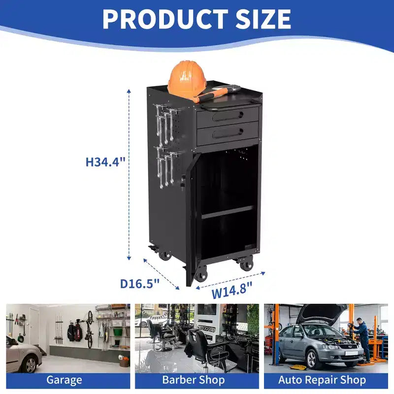 Narrow Rolling Tool Cabinet with Lockable Door and 2 Drawers, Slim Metal Organizer
