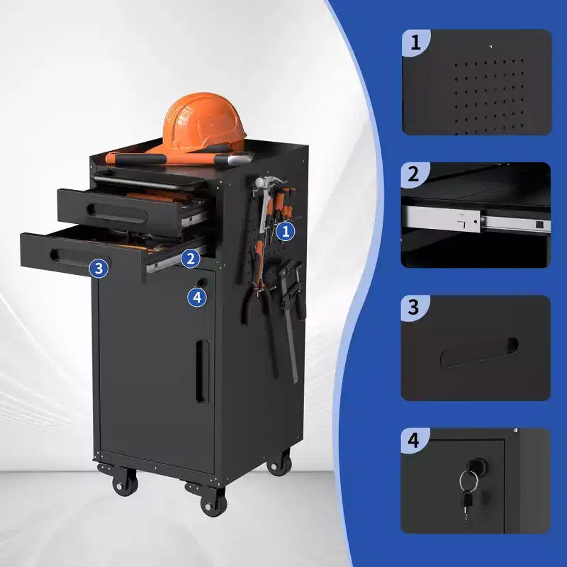 Narrow Rolling Tool Cabinet with Lockable Door and 2 Drawers, Slim Metal Organizer