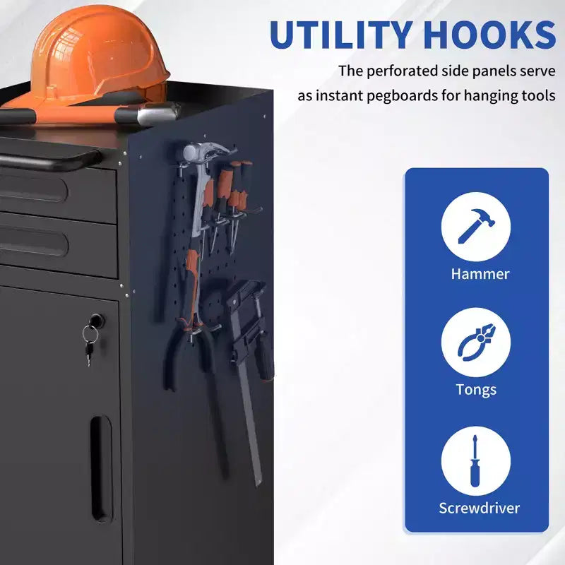 Narrow Rolling Tool Cabinet with Lockable Door and 2 Drawers, Slim Metal Organizer