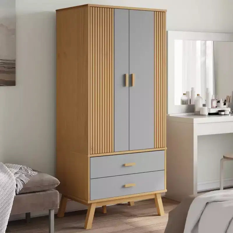 Wardrobe Grey and Brown Solid Pine Wood
