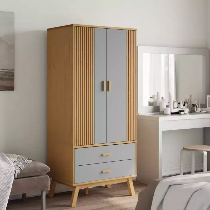 Wardrobe Grey and Brown Solid Pine Wood