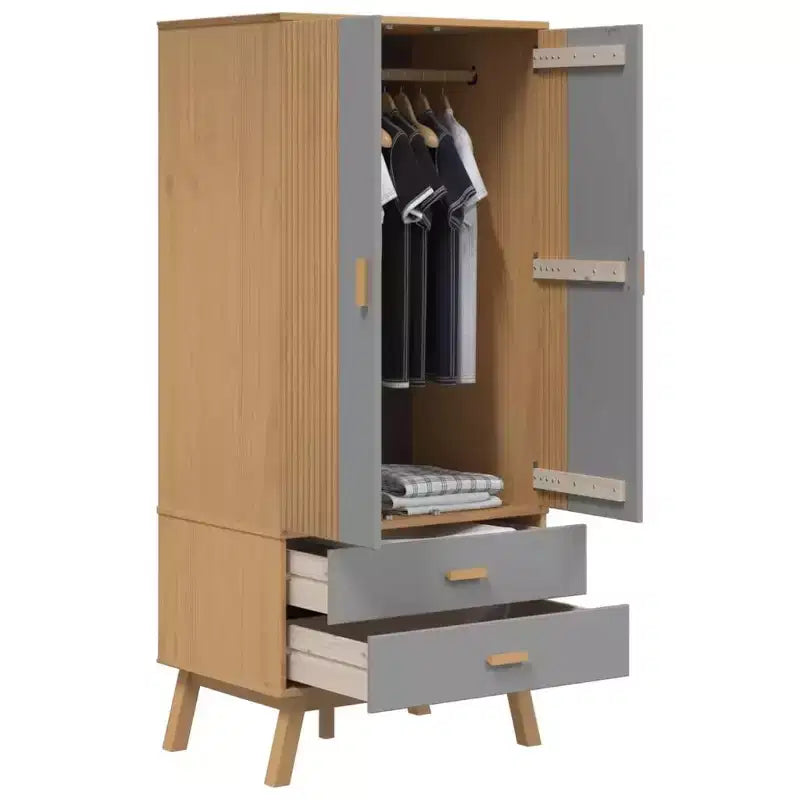 Wardrobe Grey and Brown Solid Pine Wood