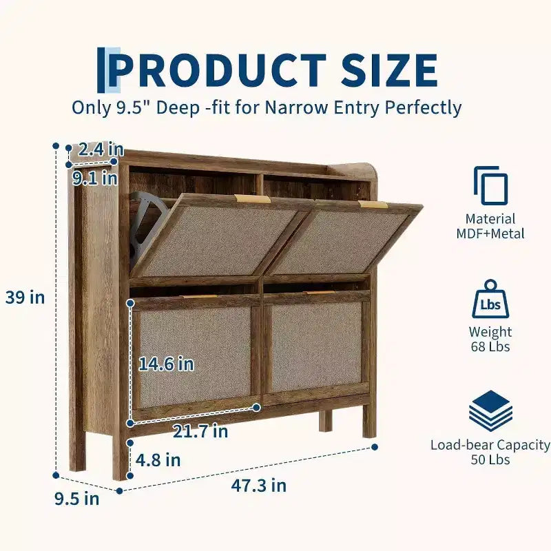 Narrow Rattan Shoe Storage Cabinet with 4 Flip-Down Drawers, Brown