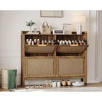 Narrow Rattan Shoe Storage Cabinet with 4 Flip-Down Drawers, Brown