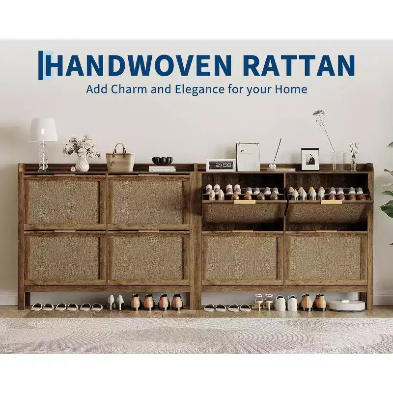 Narrow Rattan Shoe Storage Cabinet with 4 Flip-Down Drawers, Brown