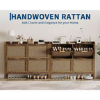 Narrow Rattan Shoe Storage Cabinet with 4 Flip-Down Drawers, Brown