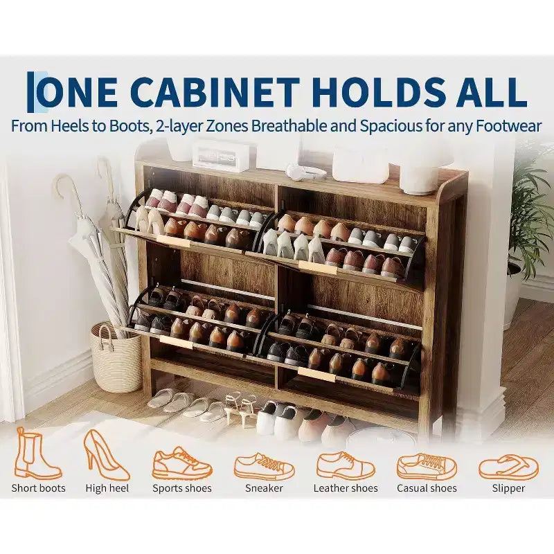 Narrow Rattan Shoe Storage Cabinet with 4 Flip-Down Drawers, Brown