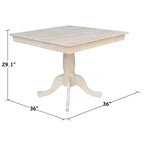 29.1" Square Top Pedestal Dining Table - Unfinished Solid Wood, Seats 4