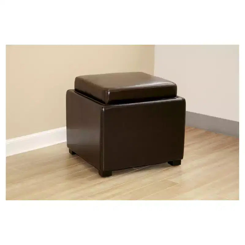 Square Storage Ottoman with Flip-Top Tray – Dark Brown Faux Leather